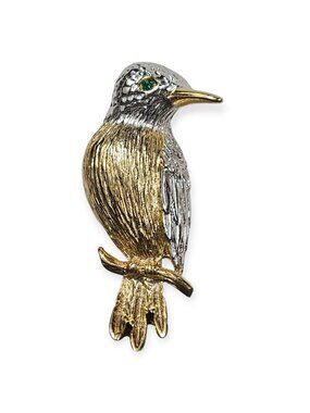 Gold & Silver Tone Bird Brooch Pin with Green Rhinestone Eye Jewelry VTG